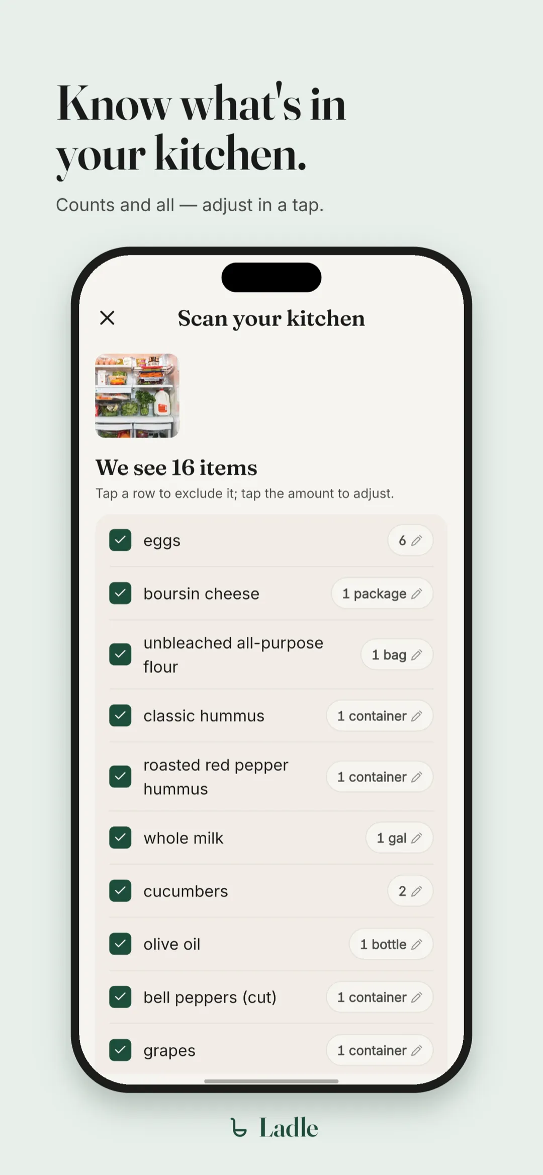 Know what is in your kitchen. A pantry view listing items detected from a photo.