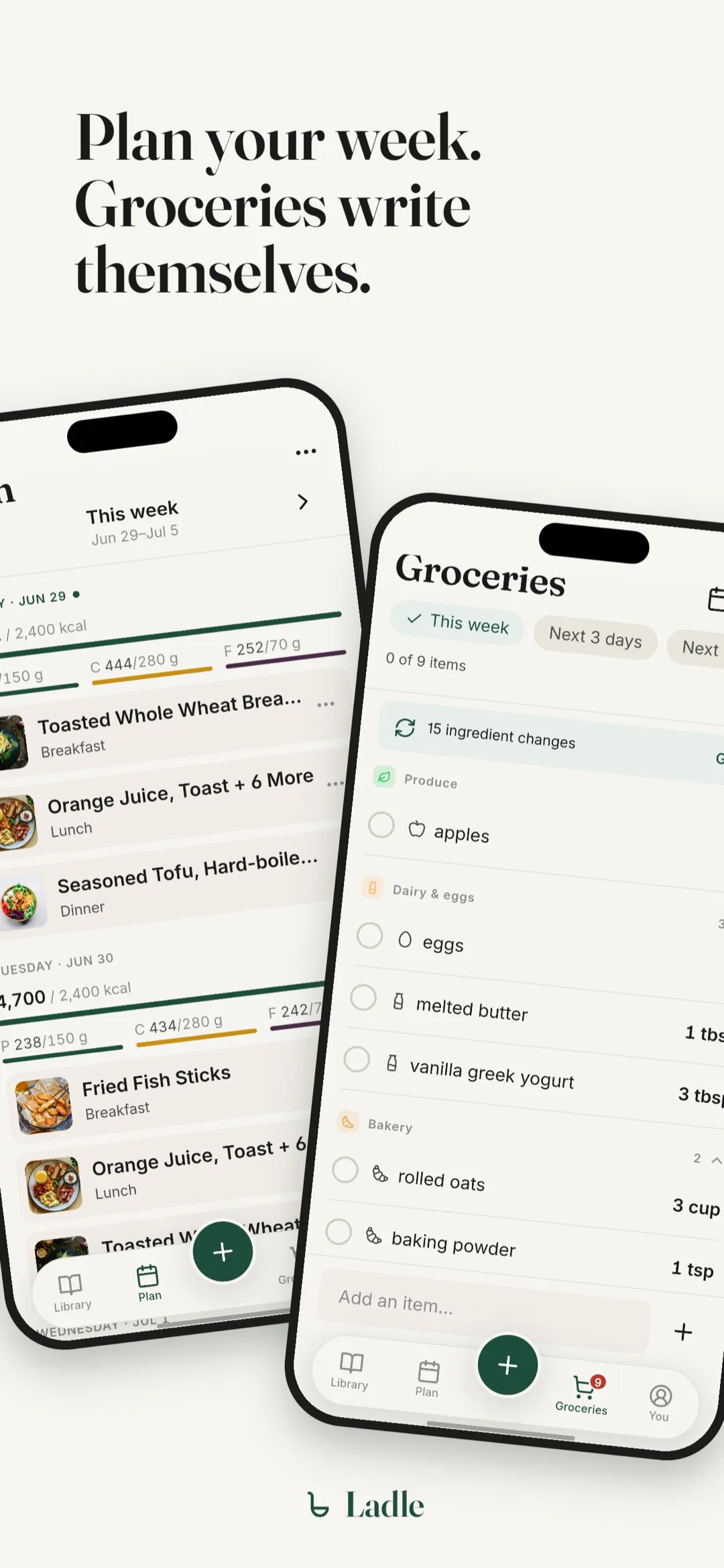 The weekly plan beside a grocery list that updates itself.