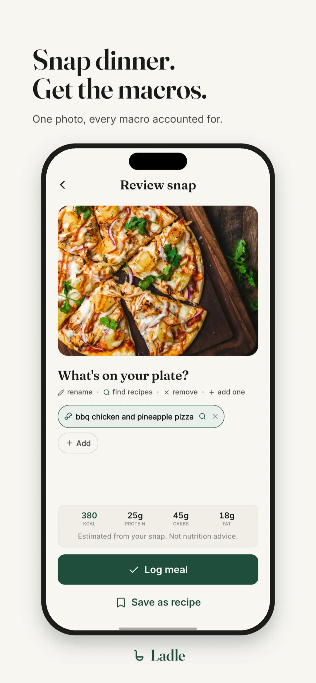 Reviewing a snapped meal with its calories and macros estimated.